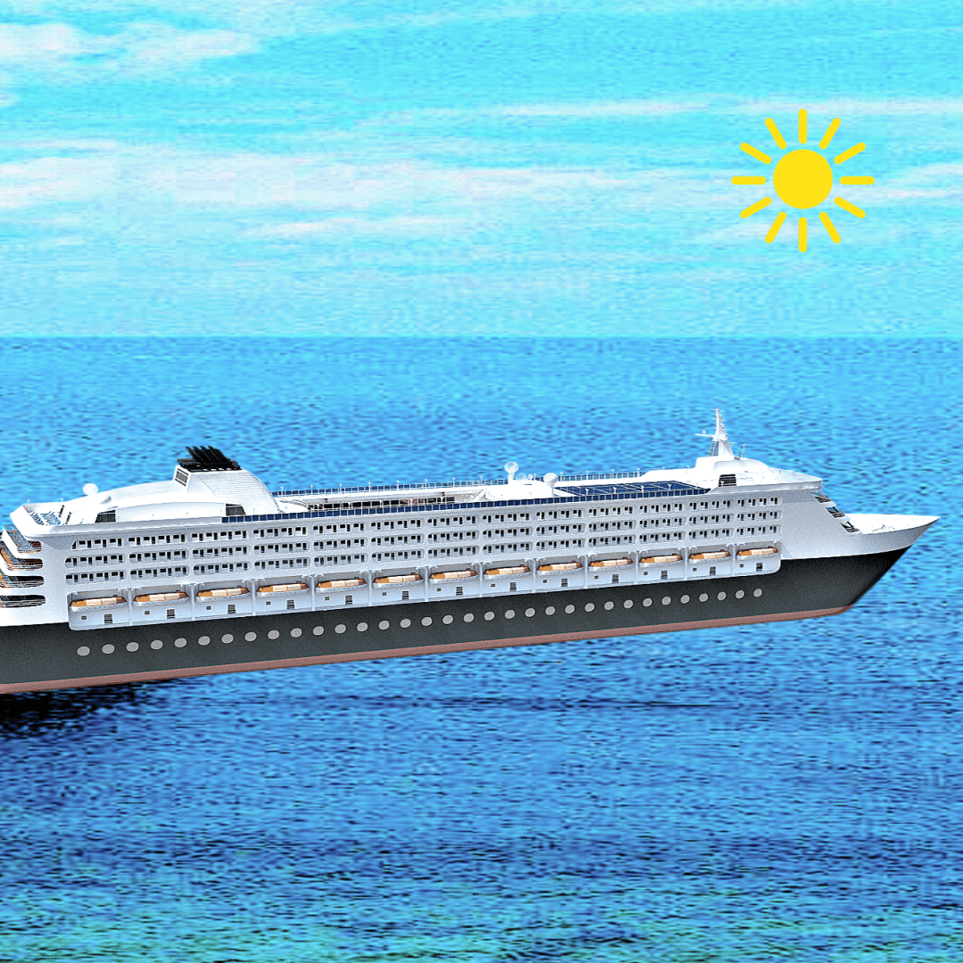 Large white cruise ship sailing on a blue ocean with a bright sun in the sky.