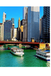 Boats on a city river with high-rise buildings and a blue sky in the background.